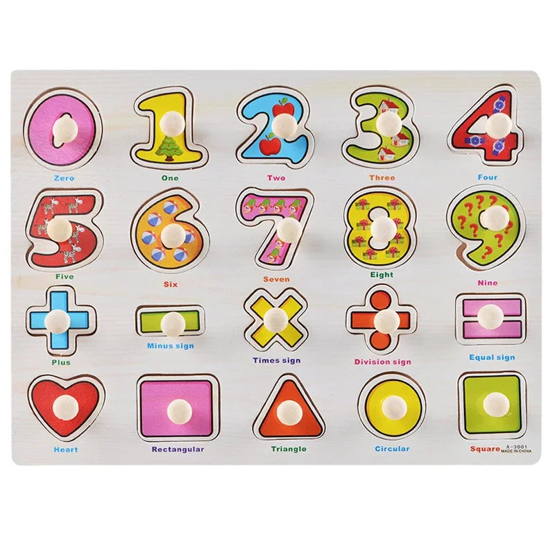 Baby Wooden Grab Board Number Letter Shape Recognition Puzzle Children