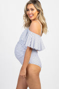 Load image into Gallery viewer, White Striped Ruffle Trim Ruched One-Piece Maternity Swimsuit
