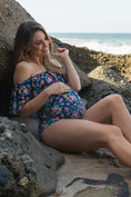 Load image into Gallery viewer, Blue Floral Ruffle Trim Ruched One-Piece Maternity Swimsuit
