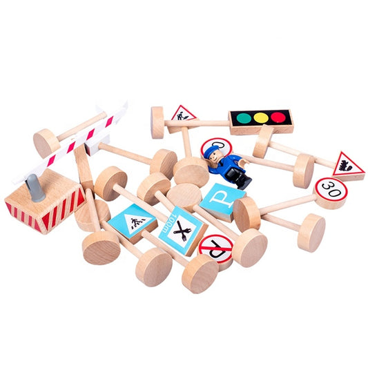 Wooden Road Traffic Signs 15 pcs Wood Pretend Toys for Kids Children