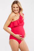 Load image into Gallery viewer, Red Ruffle Front One Shoulder Maternity Swimsuit
