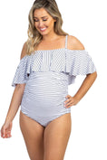 Load image into Gallery viewer, White Striped Ruffle Trim Ruched One-Piece Maternity Swimsuit
