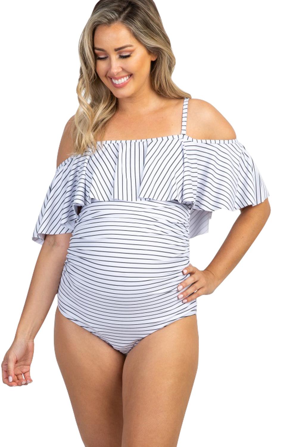 White Striped Ruffle Trim Ruched One-Piece Maternity Swimsuit