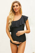 Load image into Gallery viewer, Black Ruffle Front One Shoulder Maternity Swimsuit
