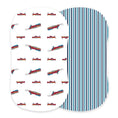 Load image into Gallery viewer, Vintage Steam Trains and Blue and White Stripe Bamboo Changing Pad
