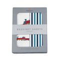 Load image into Gallery viewer, Vintage Steam Trains and Blue and White Stripe Bamboo Changing Pad
