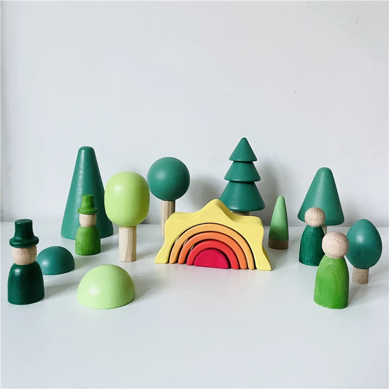 Rainbow Blocks Open Ended Play Creative Peg Doll Forest Tree Building Block Nordic Montessori Educational Wood Toys for Children