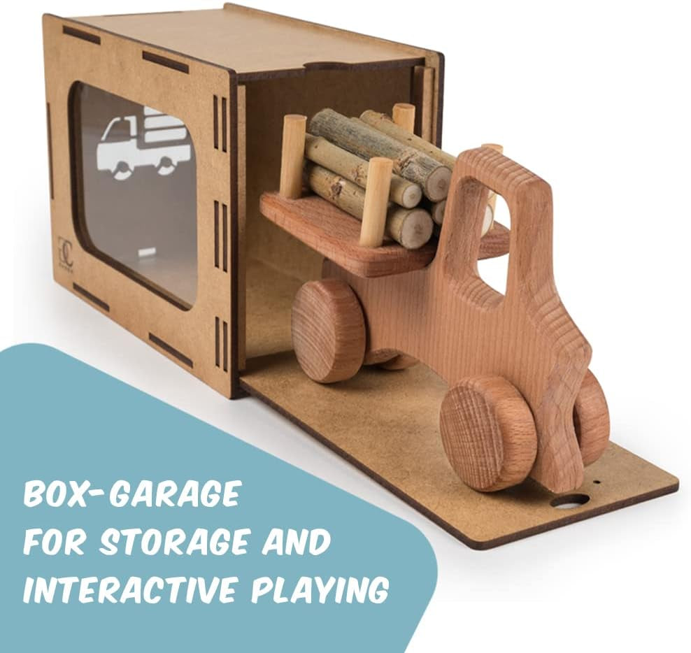 CG Games Wooden Toy Small Truck with Beech Logs and Garage Natural Wood Eco-Friendly Toys for Children Woody Truck Toy Unpainted Durable Wood Toys