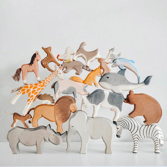 28Pcs Kids Wooden Handcarft Animals Toys Lion Elephant Animal Figure Open Ended Play Baby Montessori Educational Wood Toys